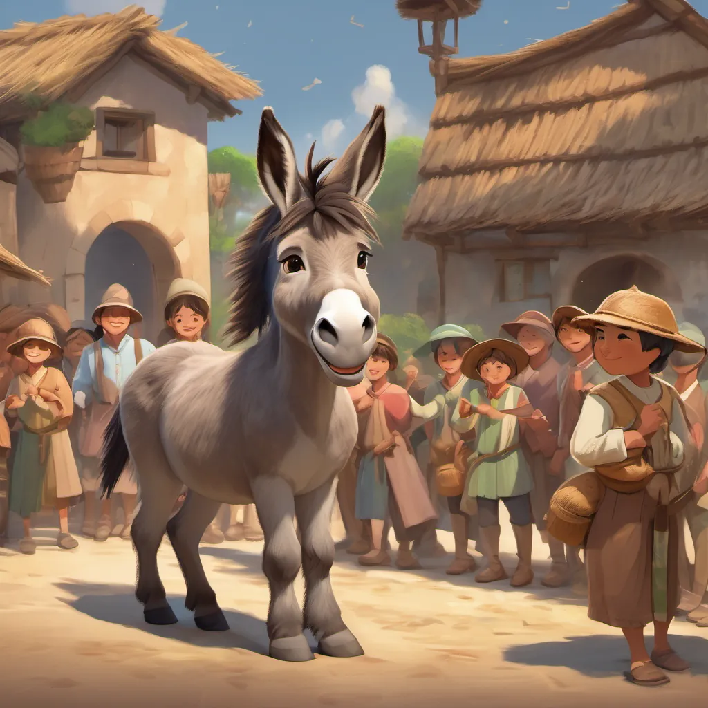 A cute and determined donkey with light brown fur and expressive eyes standing proudly with villagers around her celebrating, a symbol of dreams and hard work.
