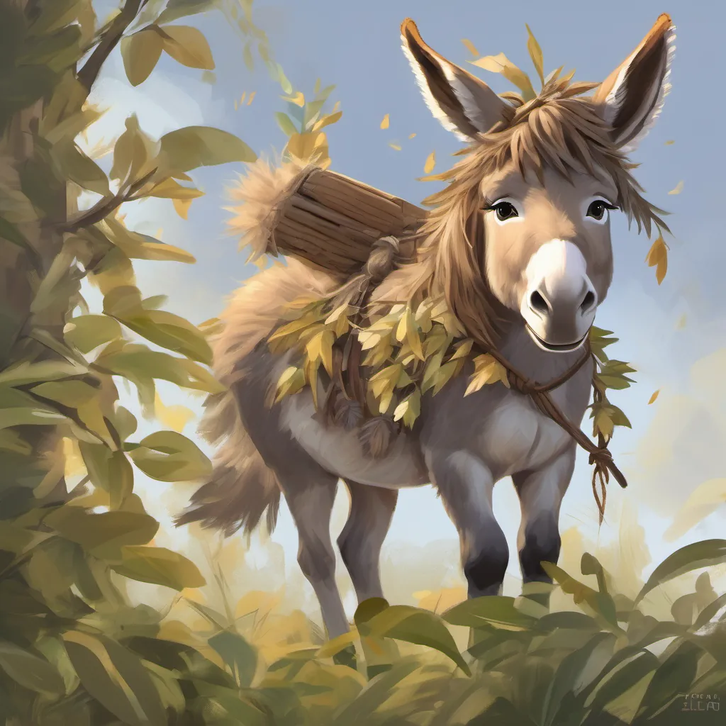 A cute and determined donkey with light brown fur and expressive eyes with leaves and branches tied to her back, looking determined but the wings failing.