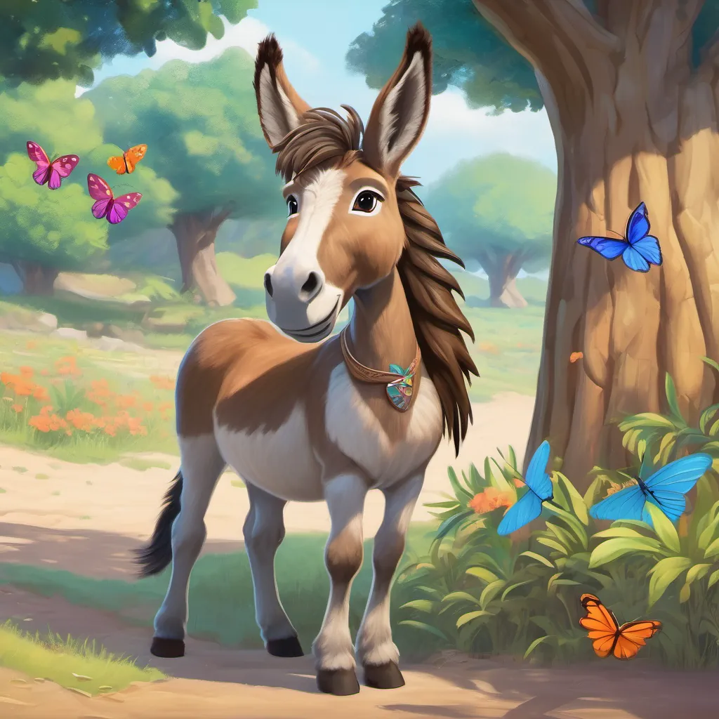 A cute and determined donkey with light brown fur and expressive eyes resting under a big tree with a colorful butterfly fluttering nearby.