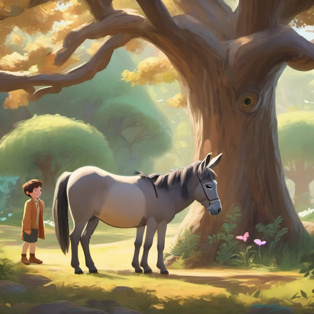 The butterfly talking to A cute and determined donkey with light brown fur and expressive eyes under the big tree, with a happy expression on both.