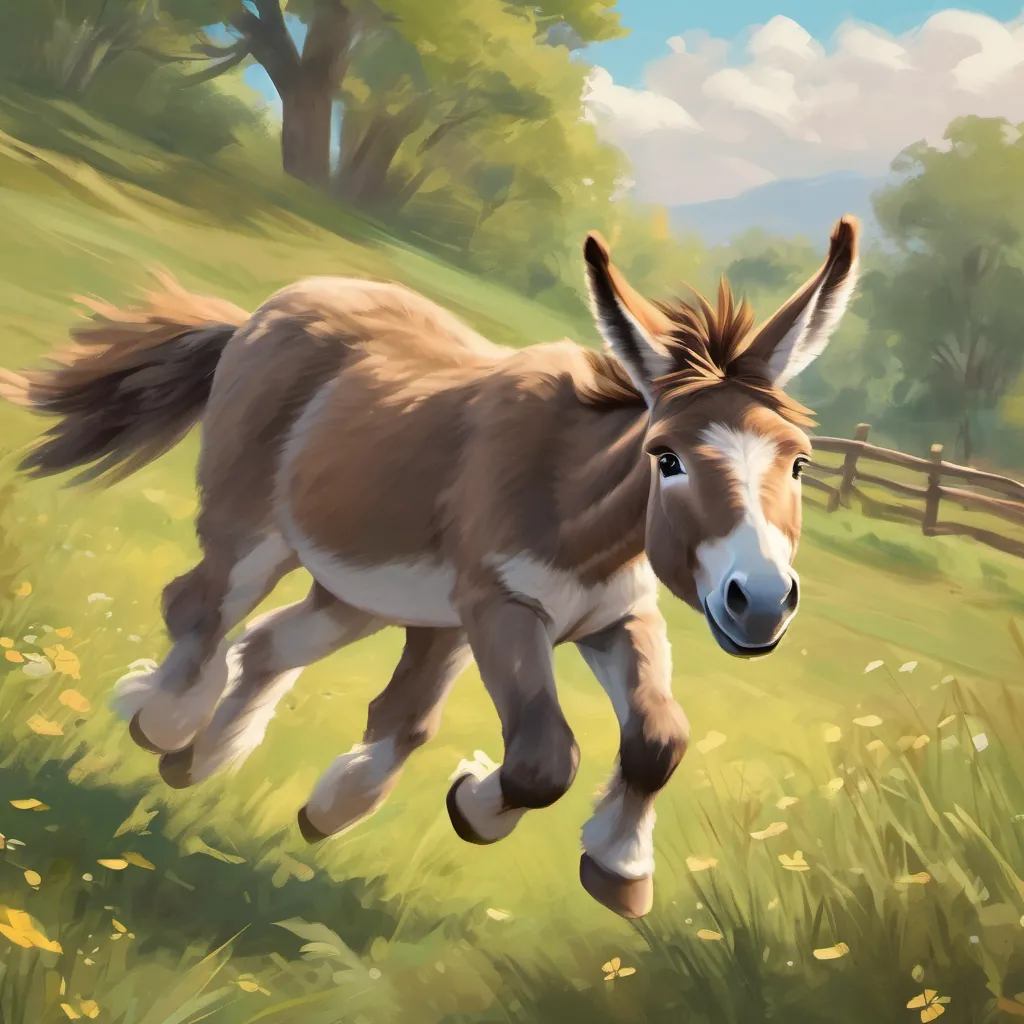 A cute and determined donkey with light brown fur and expressive eyes jumping and running in the meadow, practicing with determination.