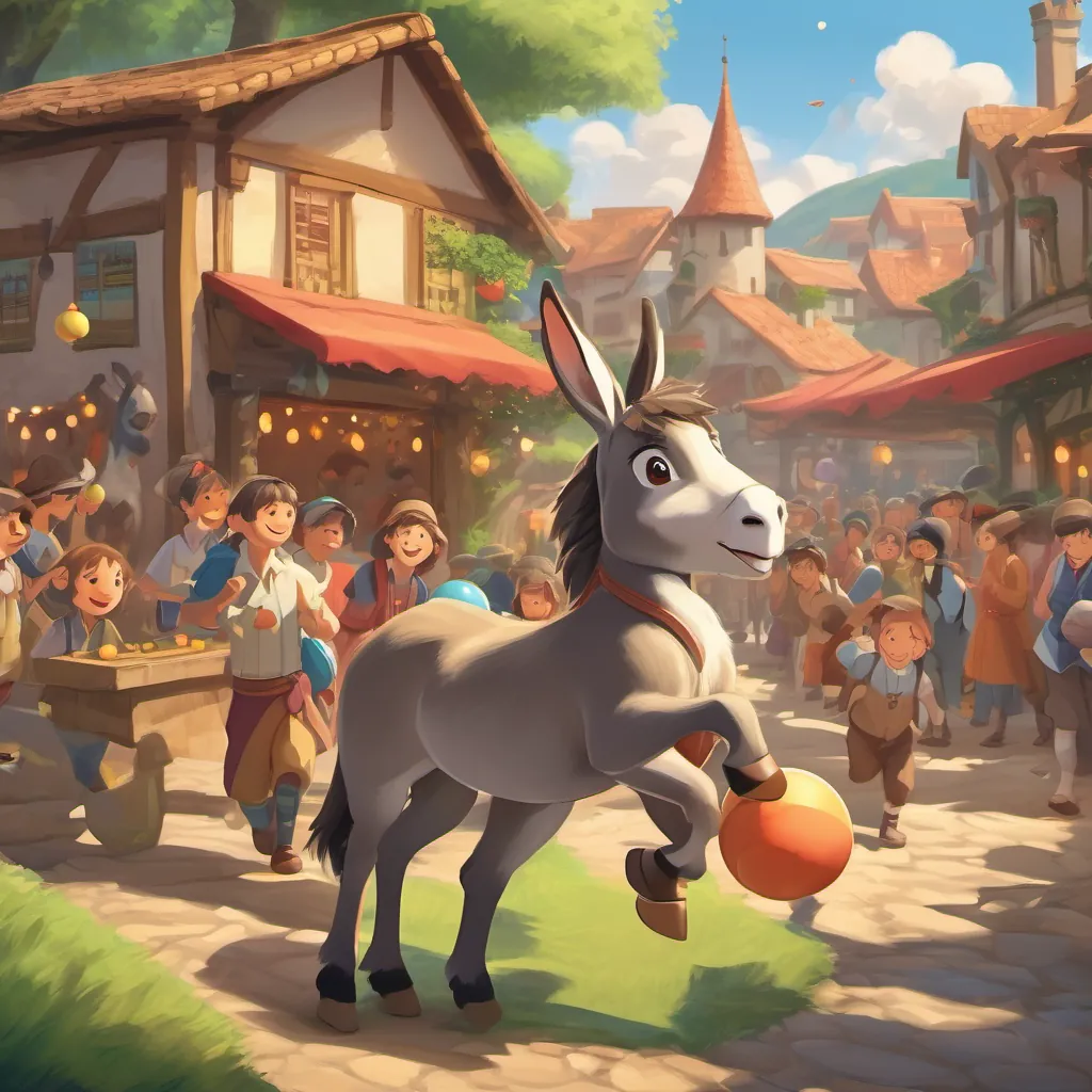 A lively village festival with games, performances, and A cute and determined donkey with light brown fur and expressive eyes spotting a bouncing ball toy.