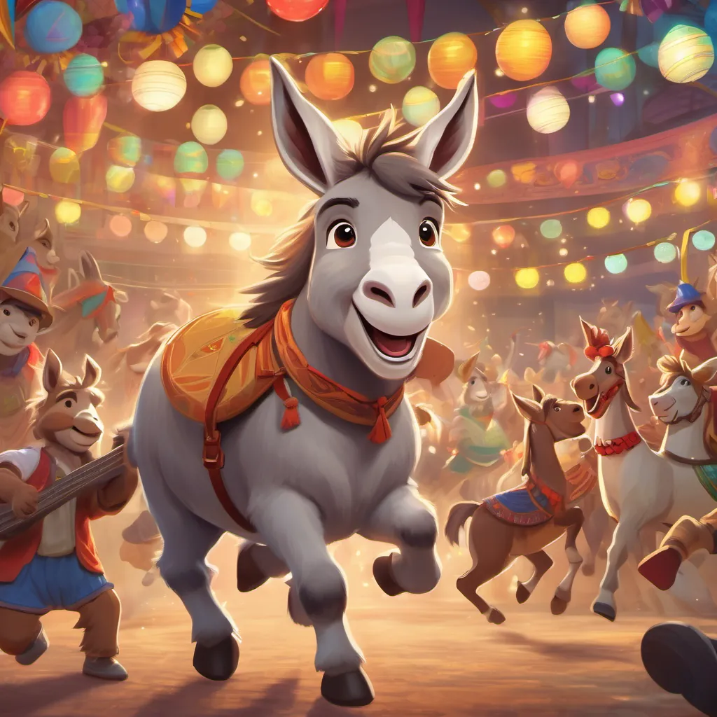 A cute and determined donkey with light brown fur and expressive eyes happily bouncing with the ball, surrounded by festival activities.