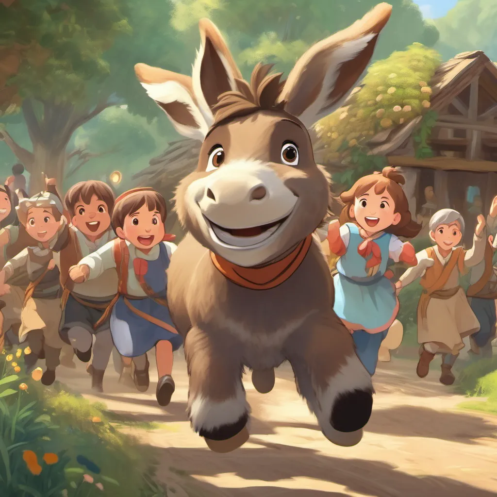 Villagers cheering for A cute and determined donkey with light brown fur and expressive eyes as she bounces higher and higher.