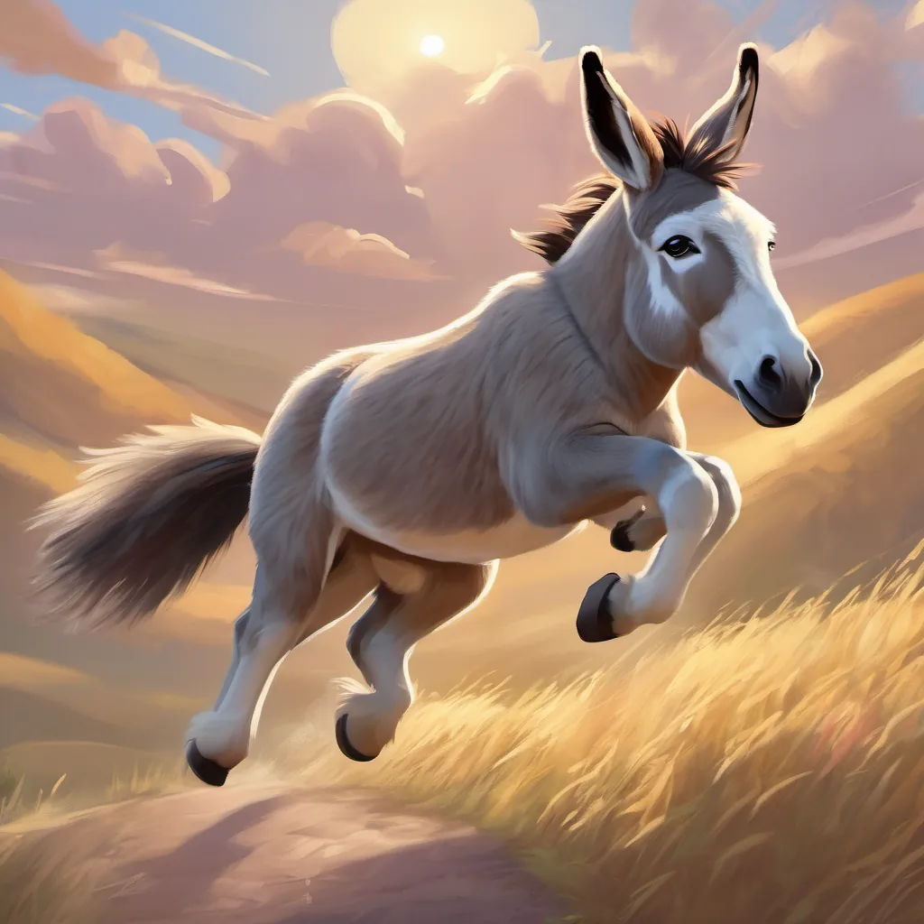 A cute and determined donkey with light brown fur and expressive eyes soaring into the sky with a joyful expression, wings of determination.
