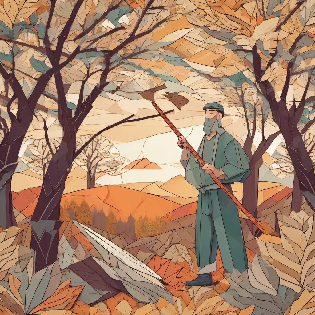 An illustration of a gentle A kind and gentle woodcutter, wearing earthy, simple clothes, with a friendly and honest demeanor, standing by a forest chopping wood on a peaceful hilltop at sunrise, wearing simple attire, surrounded by tall oak trees.