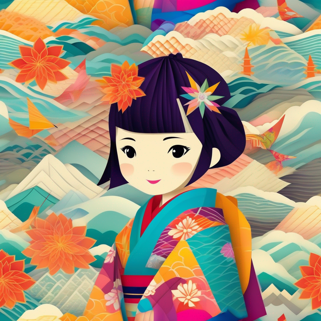 A young Japanese girl with an adventurous spirit, wearing a colorful kimono. discovers a portal and travels to old Japan.