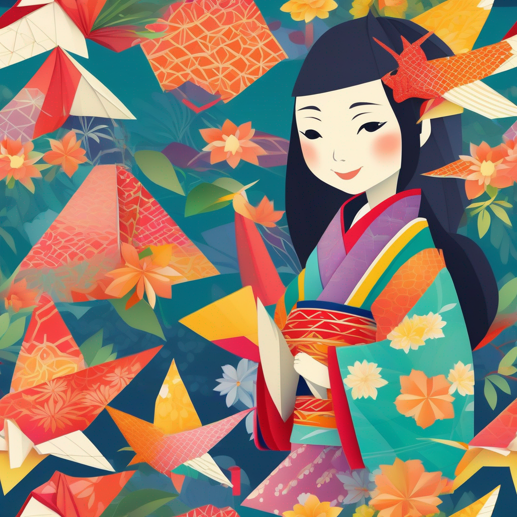 A young Japanese girl with an adventurous spirit, wearing a colorful kimono. learns traditional songs, dances, and origami from friendly villagers.