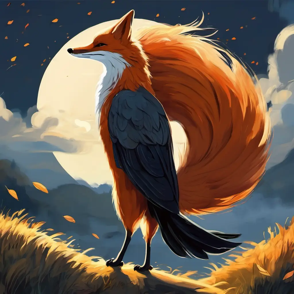 Renard rusé avec un air malin est intrigué et attend la question de Corbeau rusé avec de belles plumes noires.