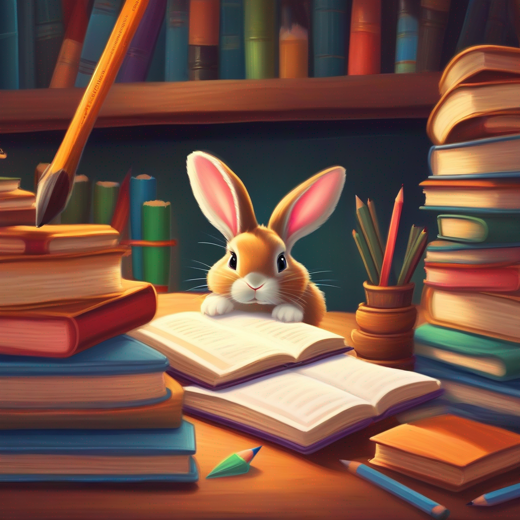 Bunny studying with books and pencils