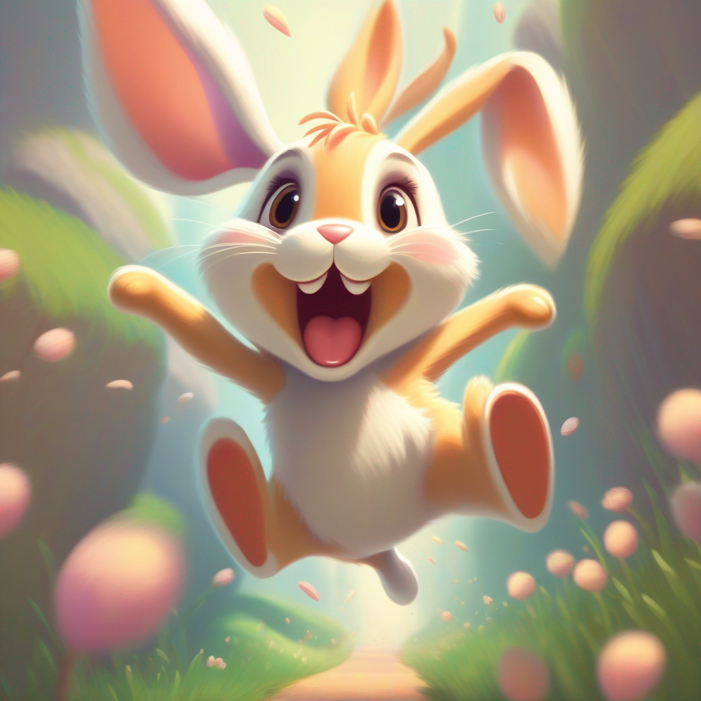 Bunny jumping joyfully with a big smile