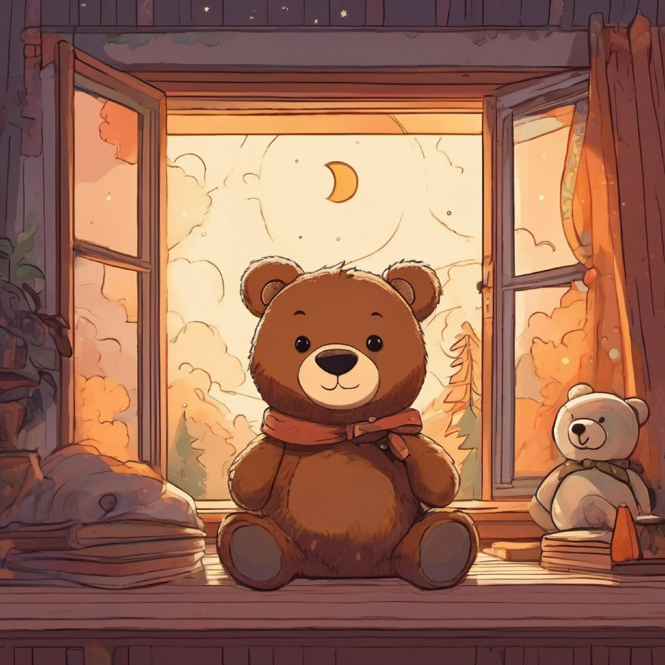 Stuffed bear, brown fur, button eyes, always smiling wakes, room at night, moon shining through the window.