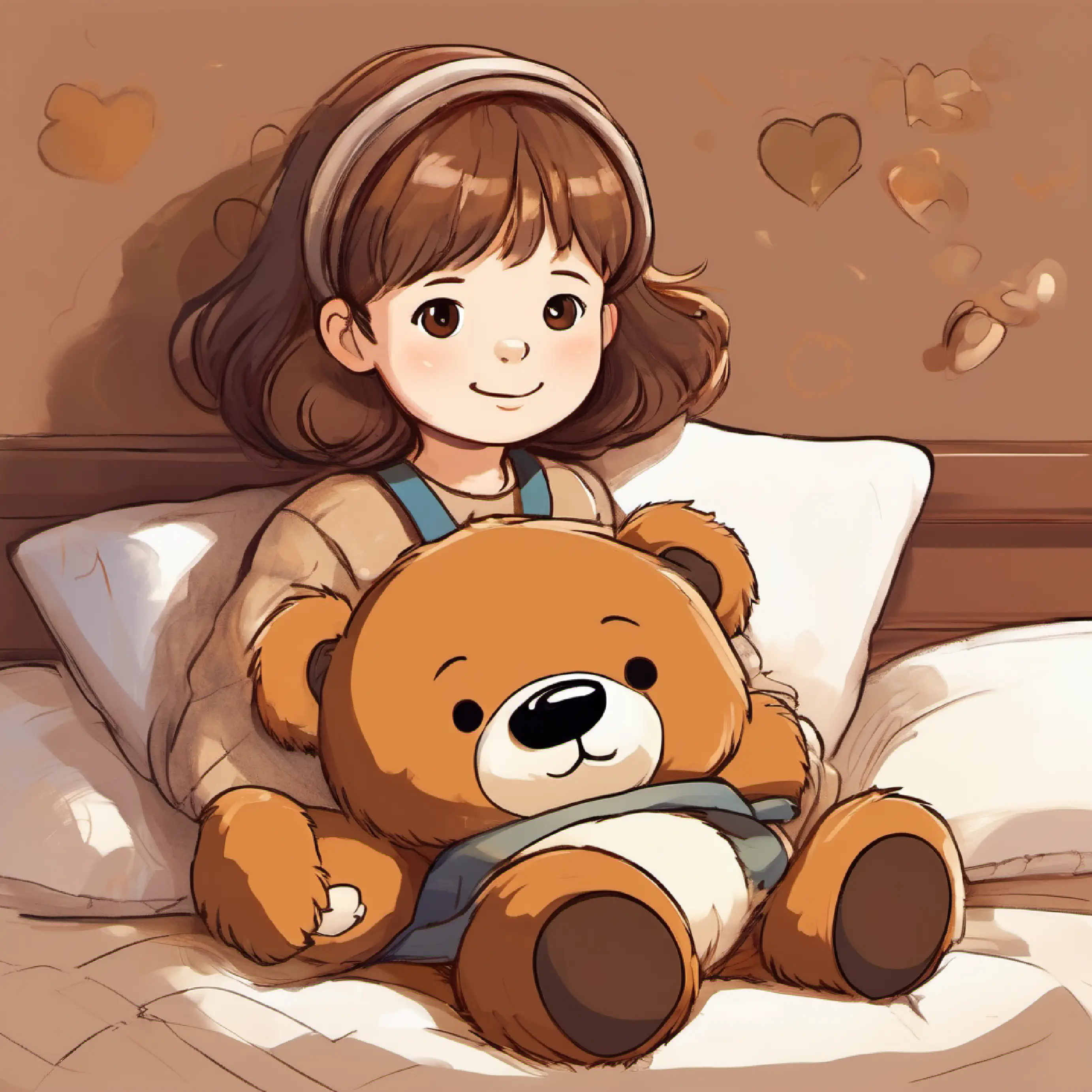 Stuffed bear, brown fur, button eyes, always smiling is sitting, child Young girl, fair skin, brown hair, peaceful sleeper is asleep.