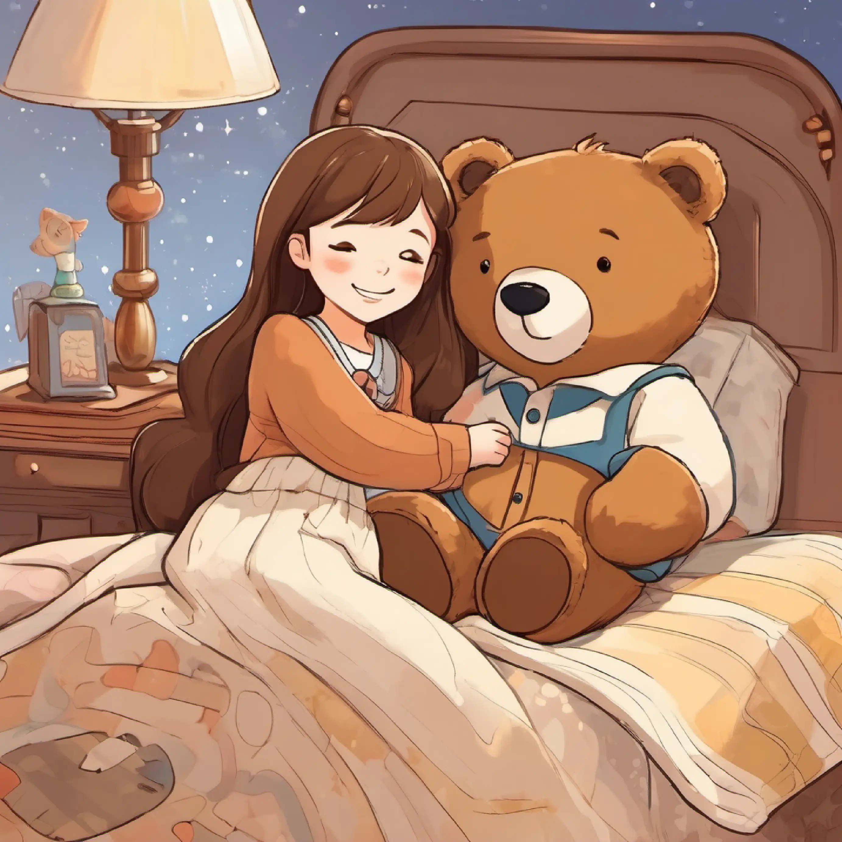 Stuffed bear, brown fur, button eyes, always smiling ends his adventure and rejoins Young girl, fair skin, brown hair, peaceful sleeper in bed.