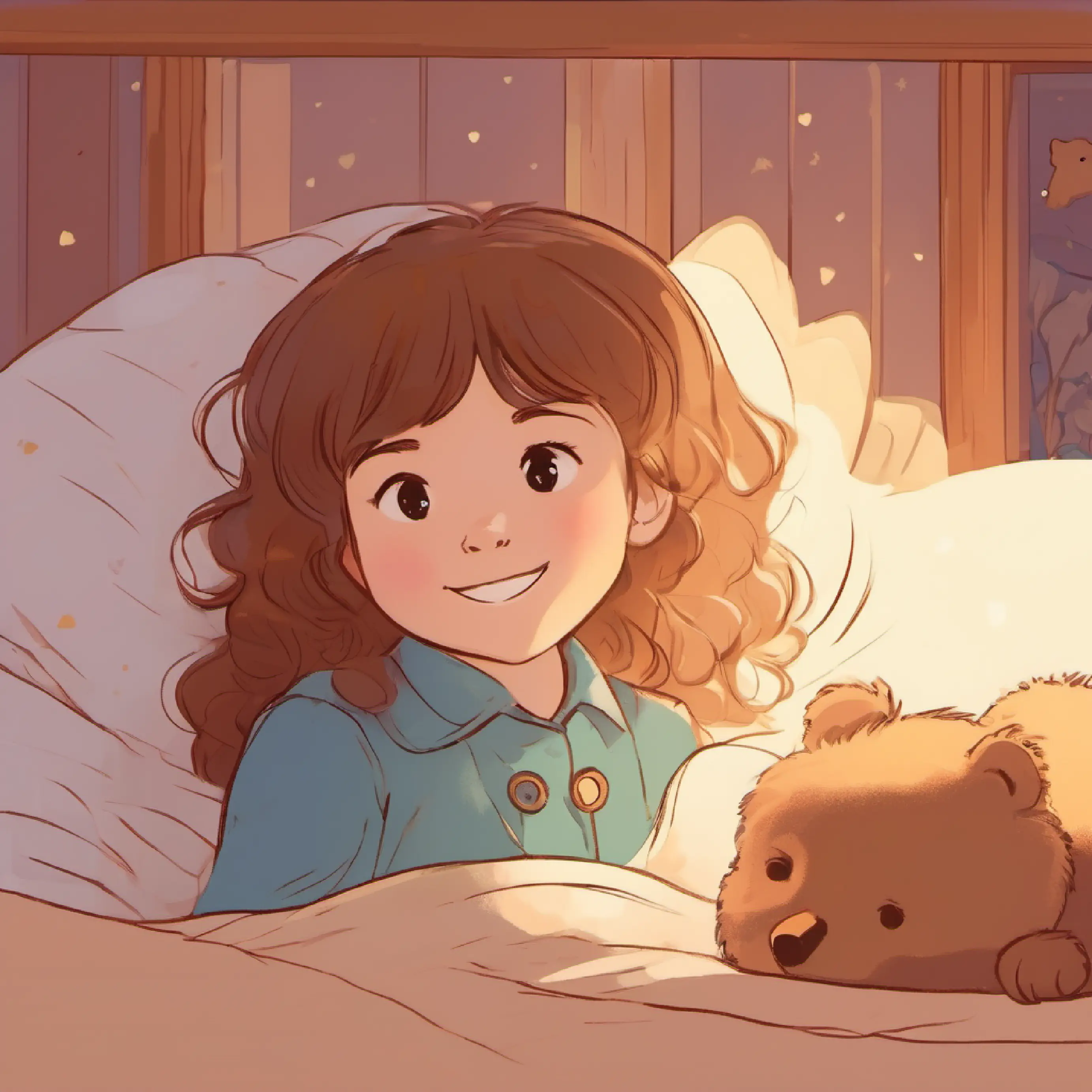 Dawn breaks, Stuffed bear, brown fur, button eyes, always smiling 'sleeps', Young girl, fair skin, brown hair, peaceful sleeper wakes.