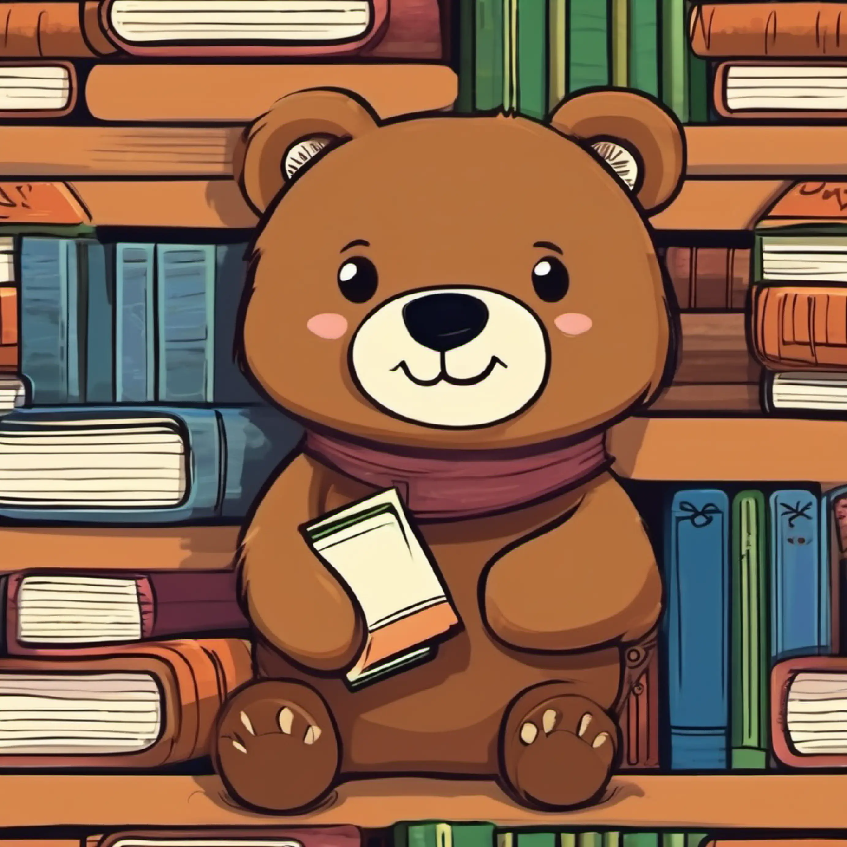 Stuffed bear, brown fur, button eyes, always smiling moves to the bookshelf filled with books.