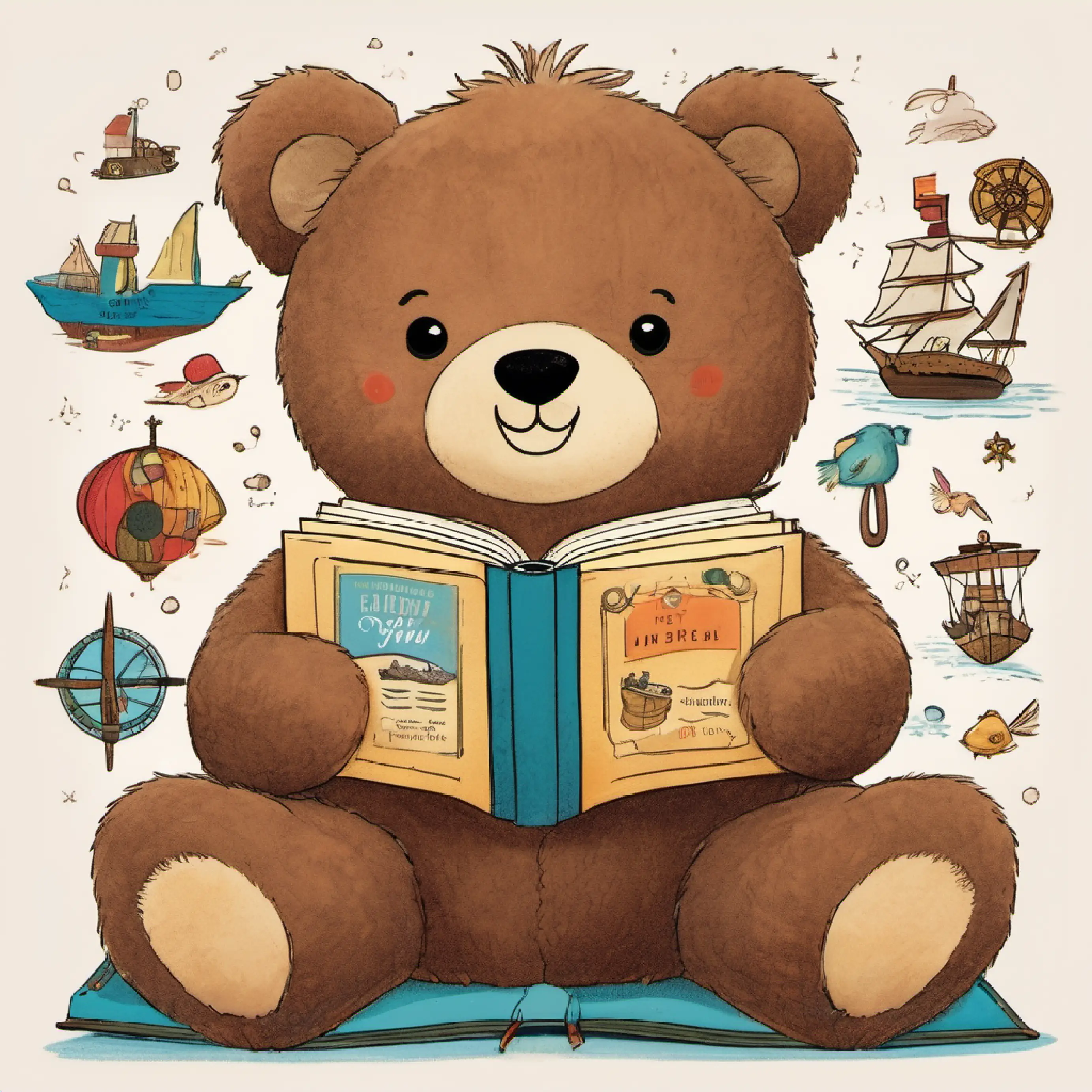 Stuffed bear, brown fur, button eyes, always smiling reads a book about pirates.