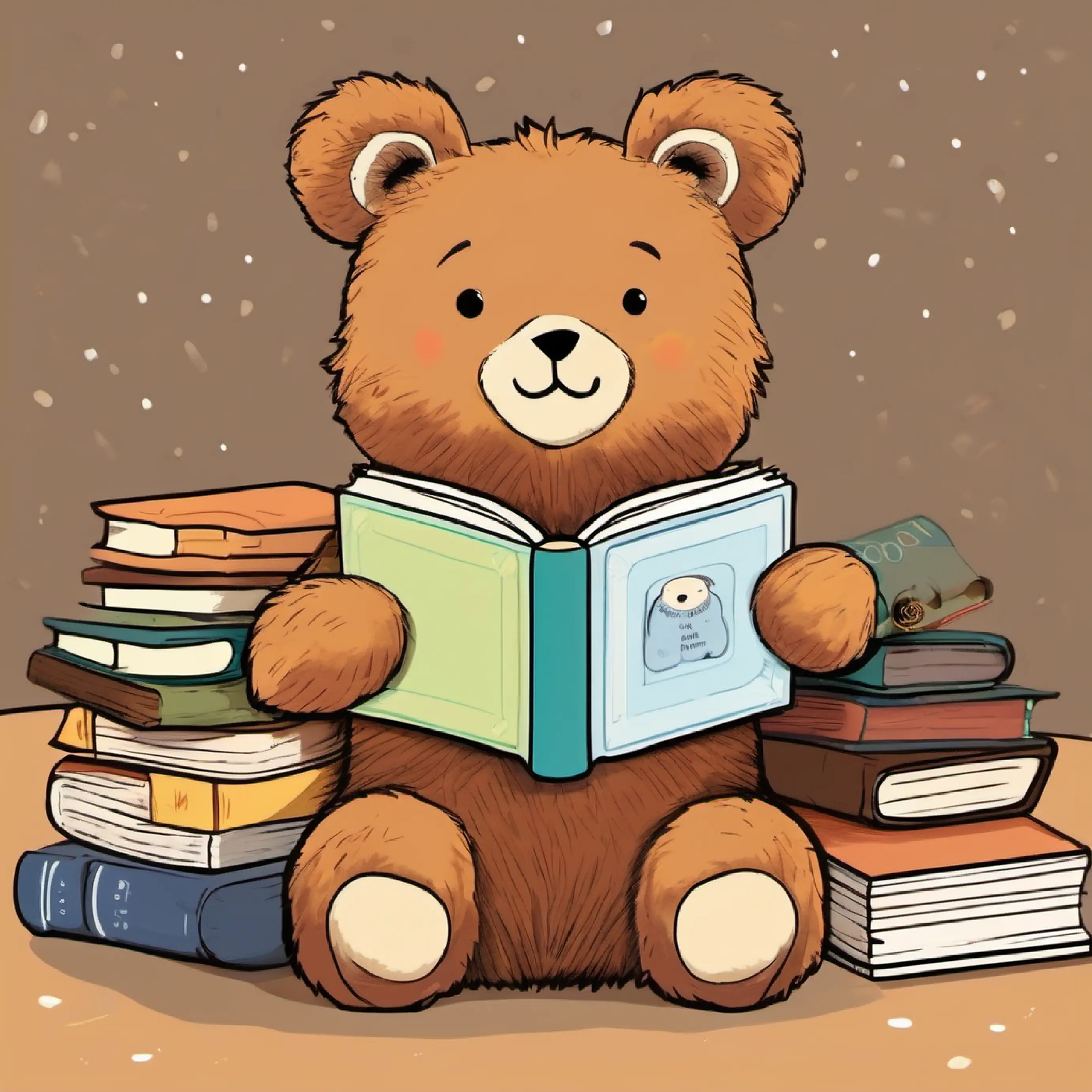 Stuffed bear, brown fur, button eyes, always smiling puts the book back after reading.