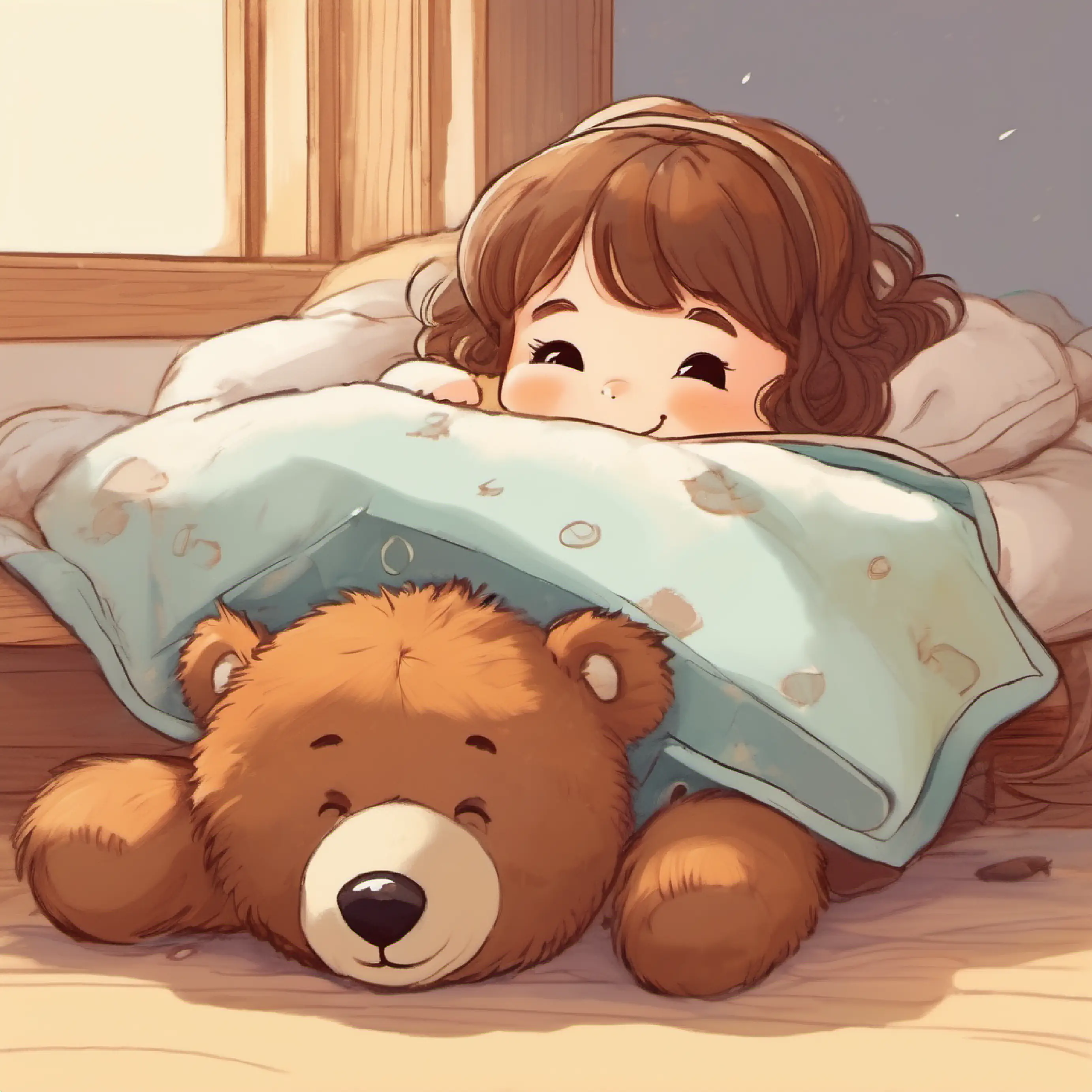 Stuffed bear, brown fur, button eyes, always smiling tucks Young girl, fair skin, brown hair, peaceful sleeper in with her fallen blanket.