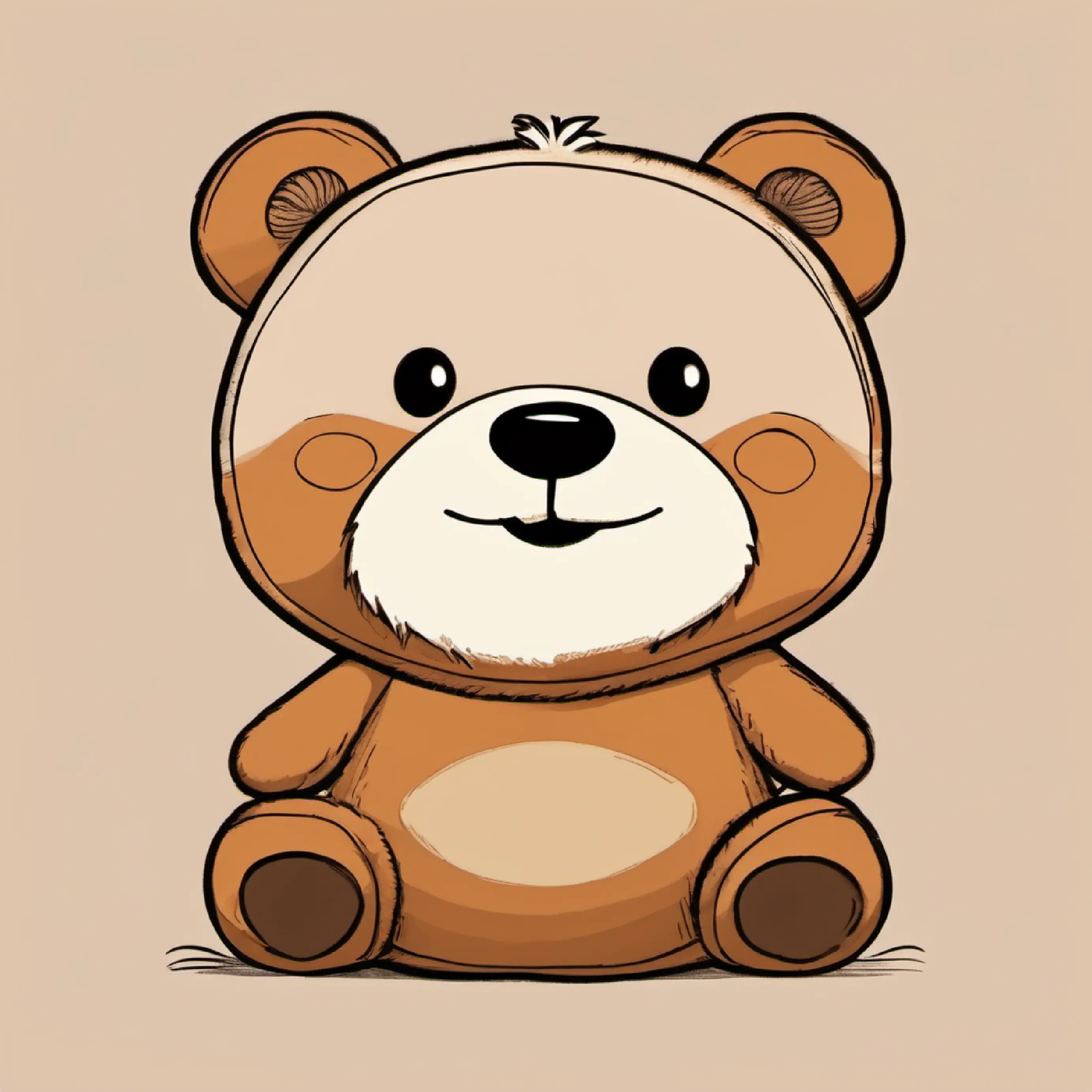 Stuffed bear, brown fur, button eyes, always smiling is happy seeing the drawing.