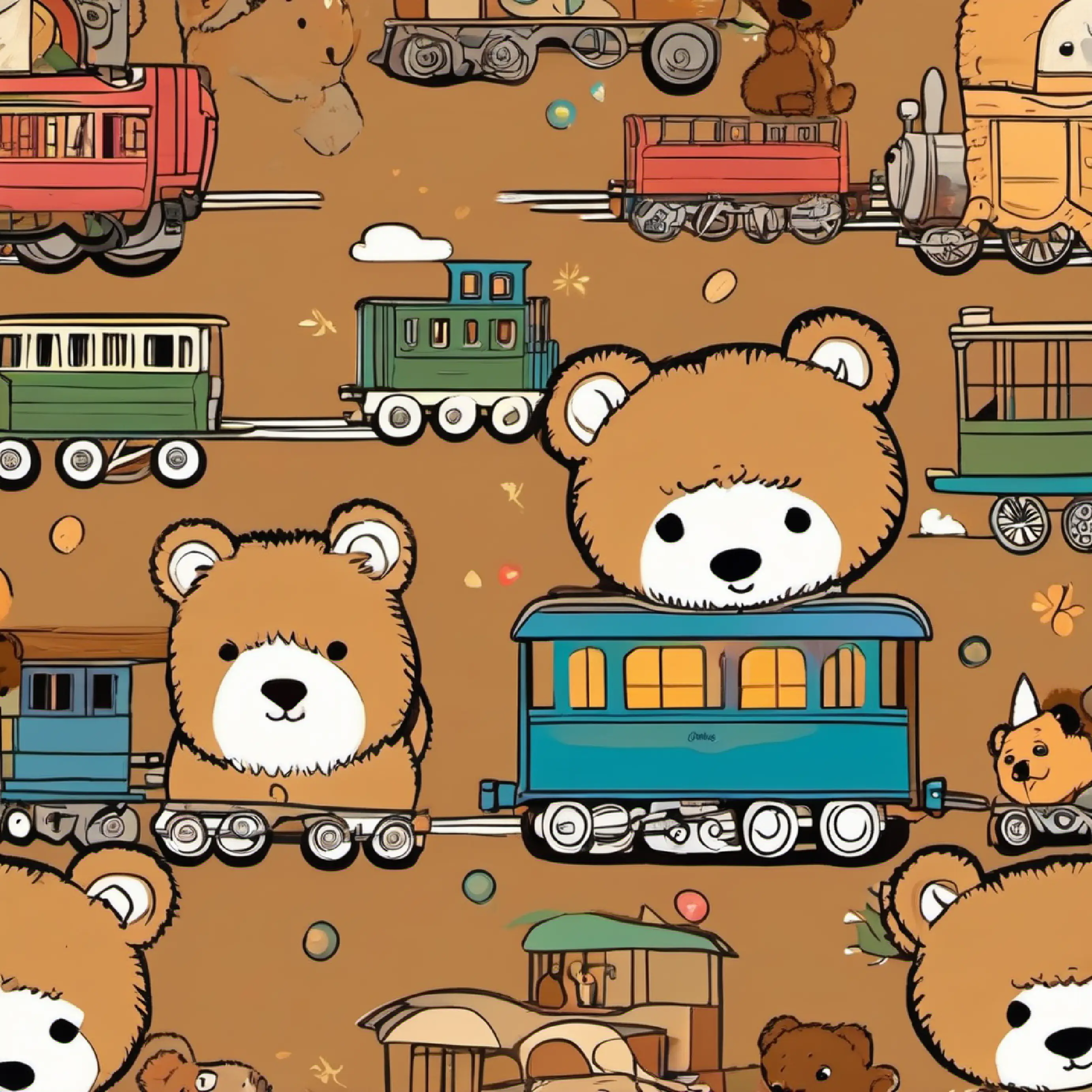 Stuffed bear, brown fur, button eyes, always smiling plays with a toy train.