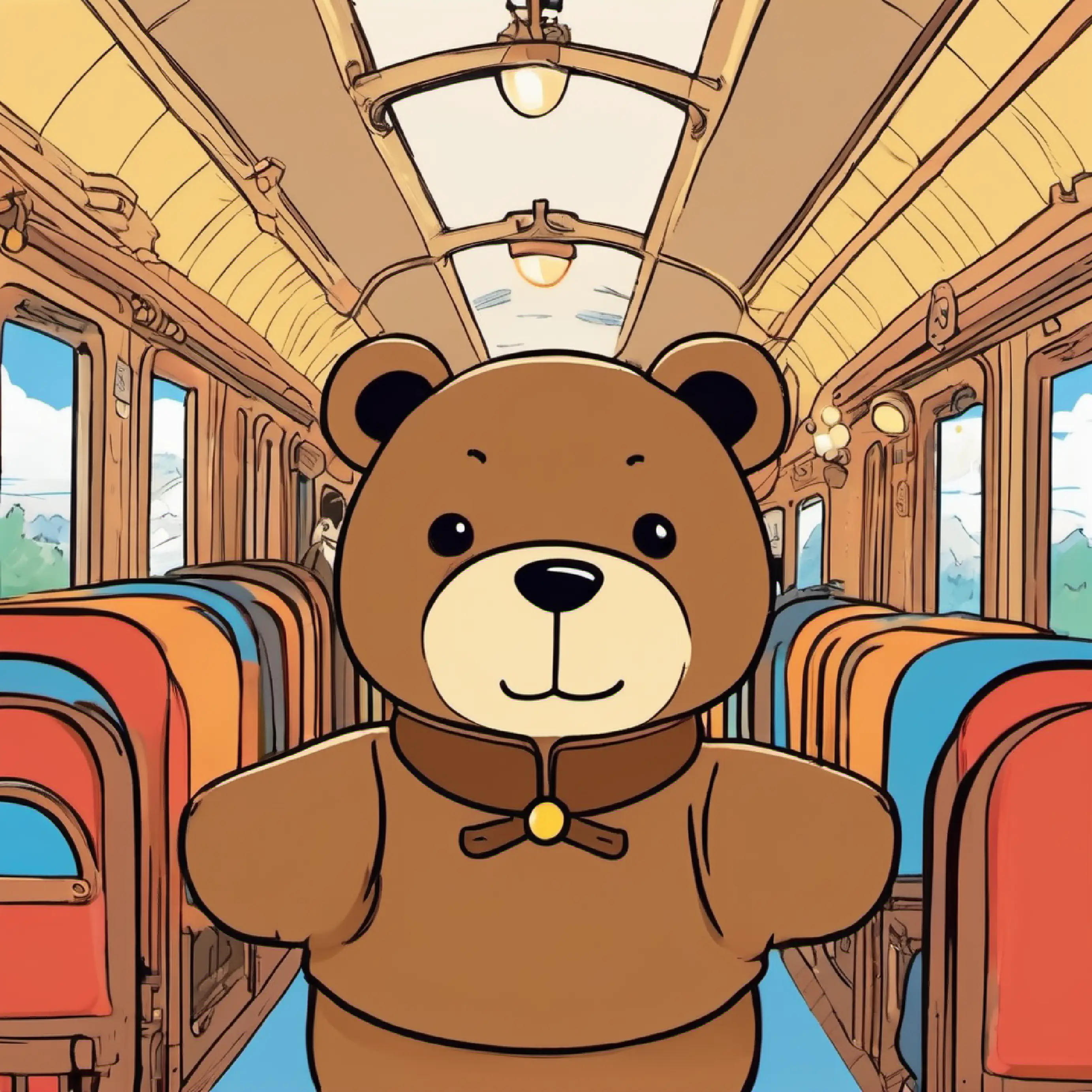 Stuffed bear, brown fur, button eyes, always smiling goes on an imaginary train trip.