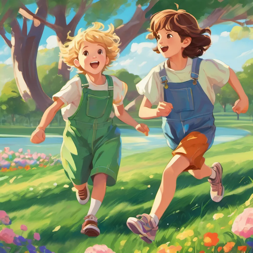 Two children, A young boy with short brown hair in colorful overalls, excited and adventurous and A young girl with curly blonde hair in a flowy dress, cheerful and imaginative, running outside in colorful overalls with a sunny backdrop and green grass.