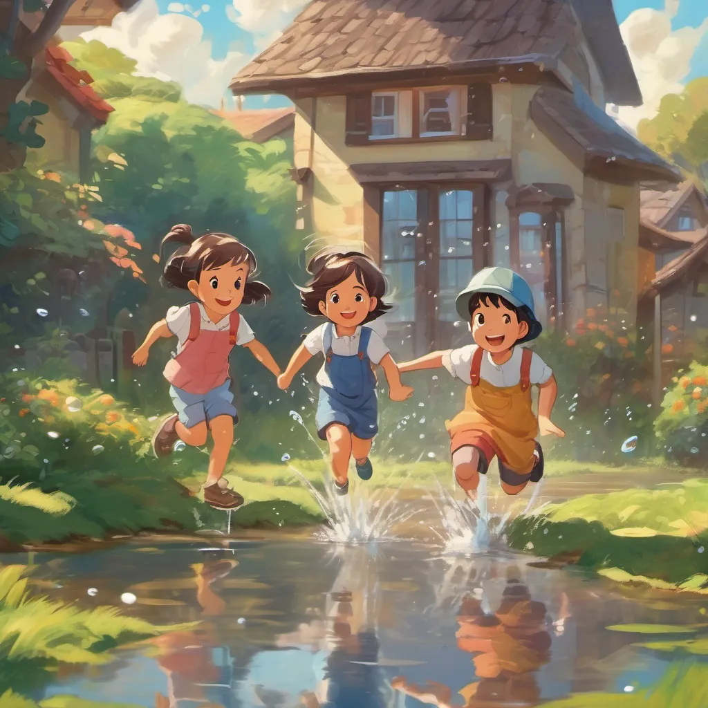 Children jumping into puddles with water splashing around them, big smiles on their faces.