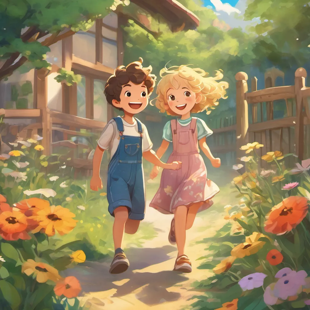 A young boy with short brown hair in colorful overalls, excited and adventurous and A young girl with curly blonde hair in a flowy dress, cheerful and imaginative laughing and playing, creating happy memories together in various summer activities.
