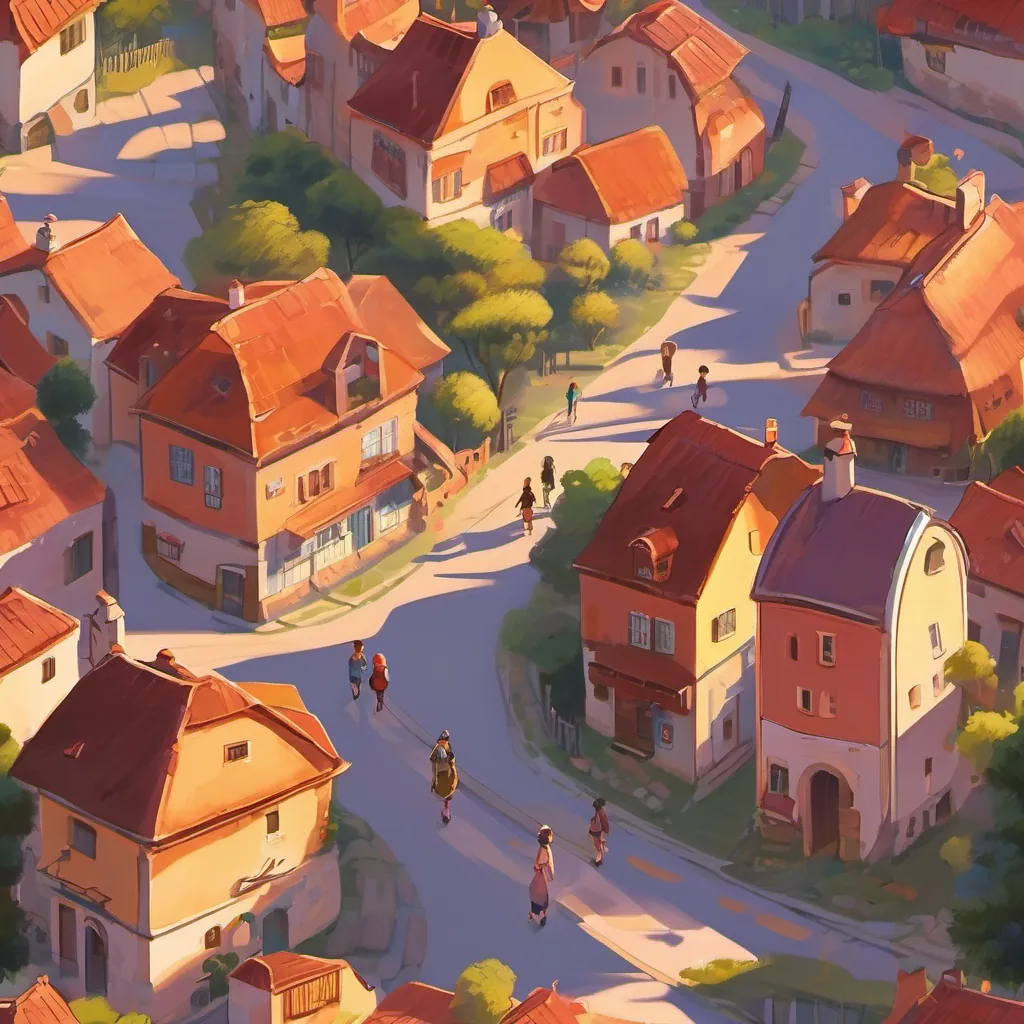 Children walking home during sunset, casting long shadows, the sky painted with warm colors.