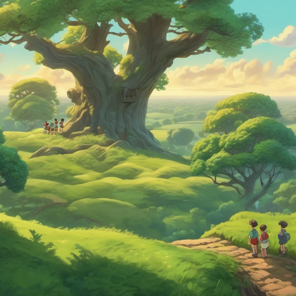 Children climbing a big old oak tree, looking out from a branch with a wide view of the green landscape below.
