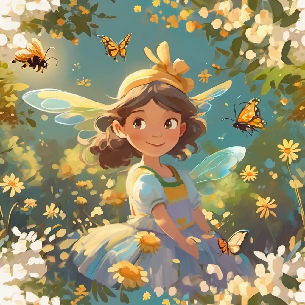 Buzzy bees and fluttery butterflies flying around in a sunlit sky with children gazing at them.