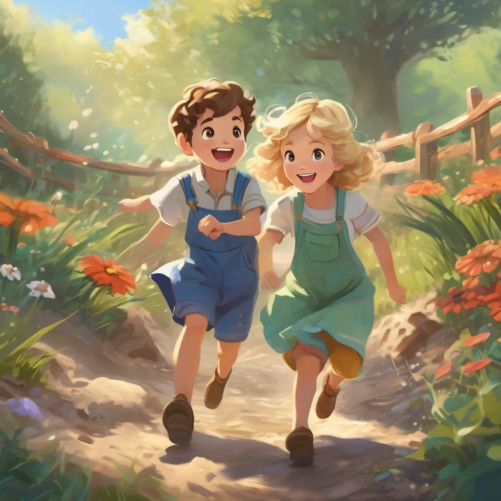 A young boy with short brown hair in colorful overalls, excited and adventurous digging in the dirt while A young girl with curly blonde hair in a flowy dress, cheerful and imaginative twirls around in a flowy dress, both very happy.