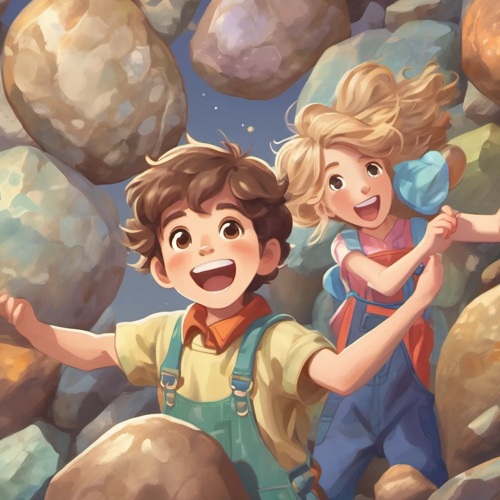 A young boy with short brown hair in colorful overalls, excited and adventurous holding up a shiny rock, smiling proudly, with A young girl with curly blonde hair in a flowy dress, cheerful and imaginative looking at it curiously.