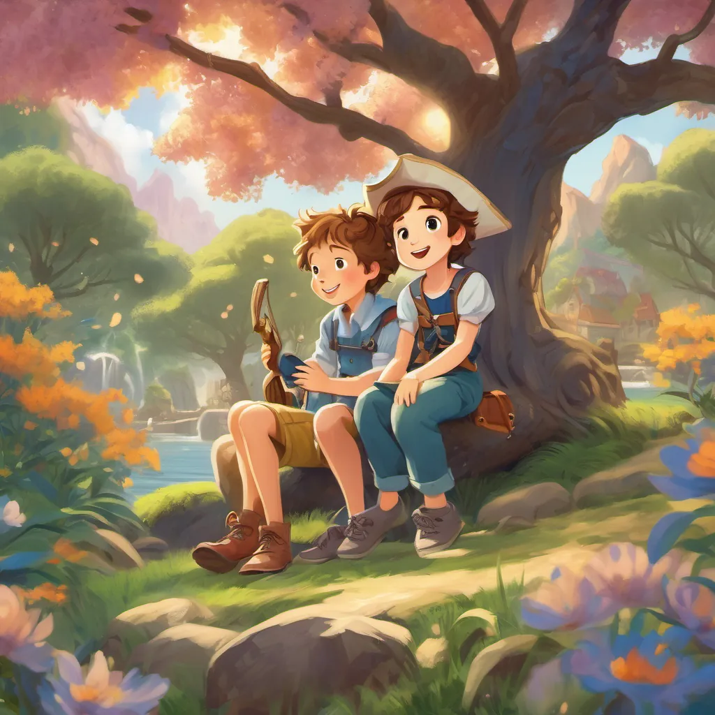 A young boy with short brown hair in colorful overalls, excited and adventurous and A young girl with curly blonde hair in a flowy dress, cheerful and imaginative sitting under a willow tree, imagining themselves as pirates on a grand adventure.
