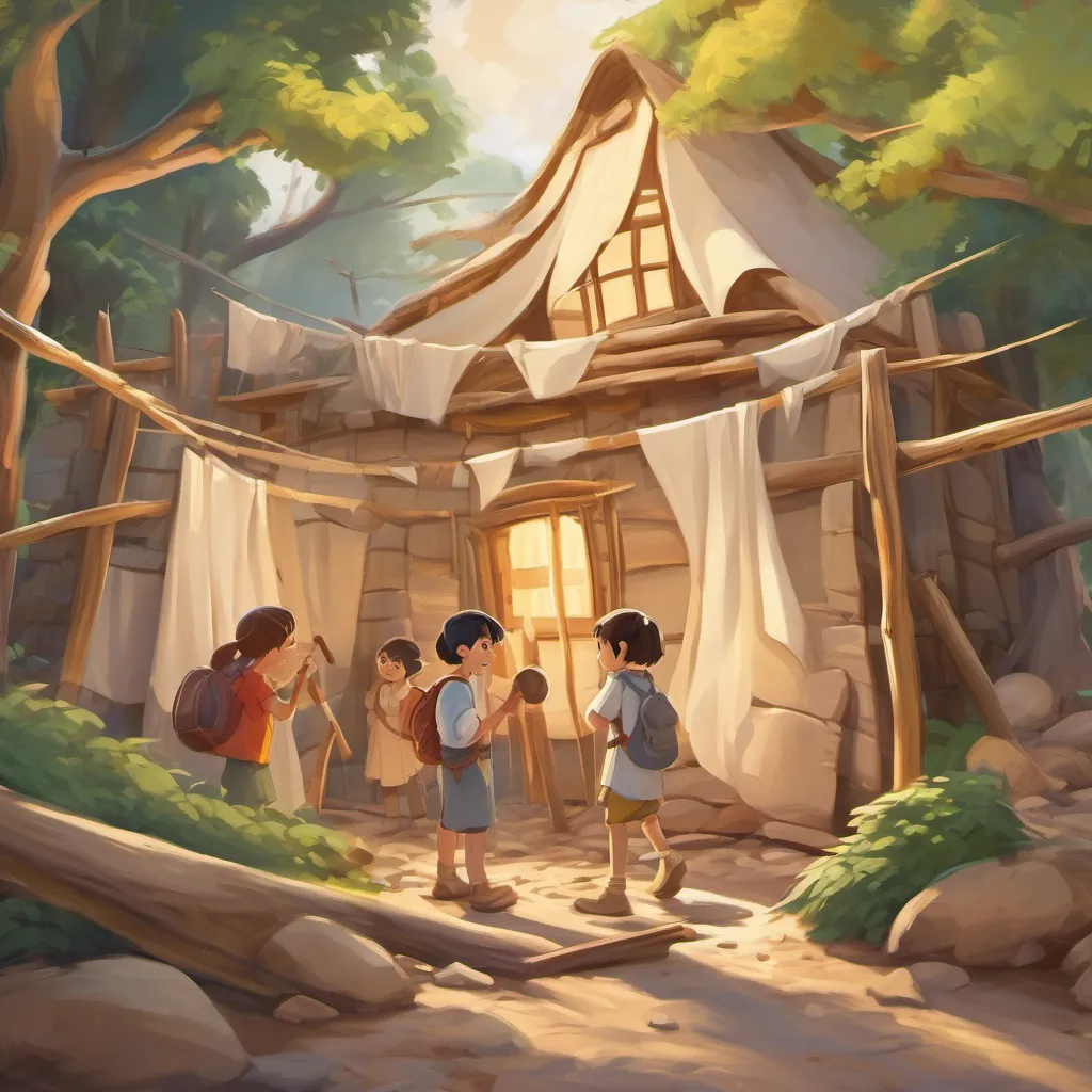 Children building a fort using sheets and sticks, excited looks on their faces.