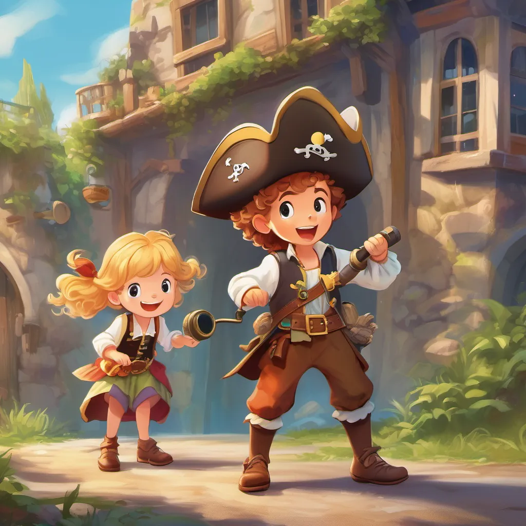 A young girl with curly blonde hair in a flowy dress, cheerful and imaginative dressed as a pirate, pretending to shout commands, while A young boy with short brown hair in colorful overalls, excited and adventurous looks out through a pretend spyglass.