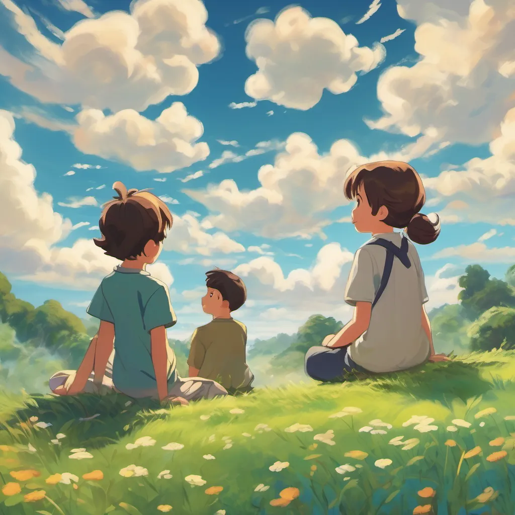 Children lying on the grass, looking up at the sky with clouds floating above, a relaxed and serene scene.