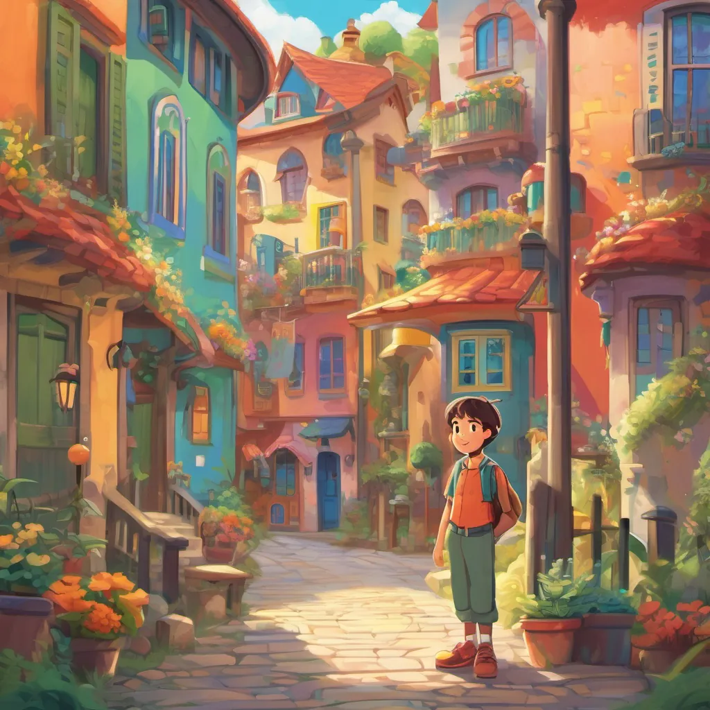 A whimsical, vibrant town of Alphabetville with colorful houses and curious characters. a young, curious boy with big eyes and a bright smile, wearing comfortable and colorful clothes suitable for exploring, a young and inquisitive boy with big eyes and a wide smile, stands in the foreground.