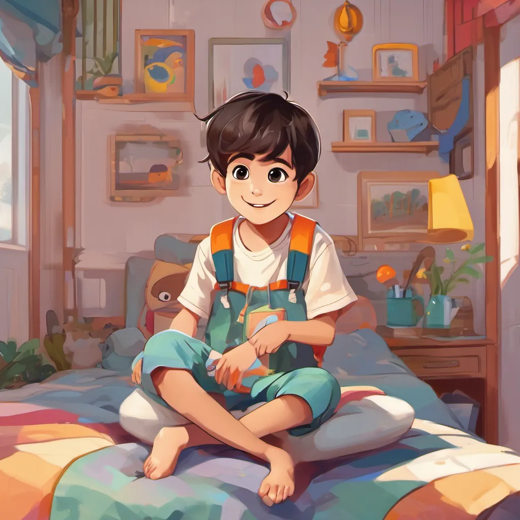 Morning sunshine pouring into a young, curious boy with big eyes and a bright smile, wearing comfortable and colorful clothes suitable for exploring's cozy bedroom. a young, curious boy with big eyes and a bright smile, wearing comfortable and colorful clothes suitable for exploring stands energetically on his bed with a joyful expression, ready to take on the day.