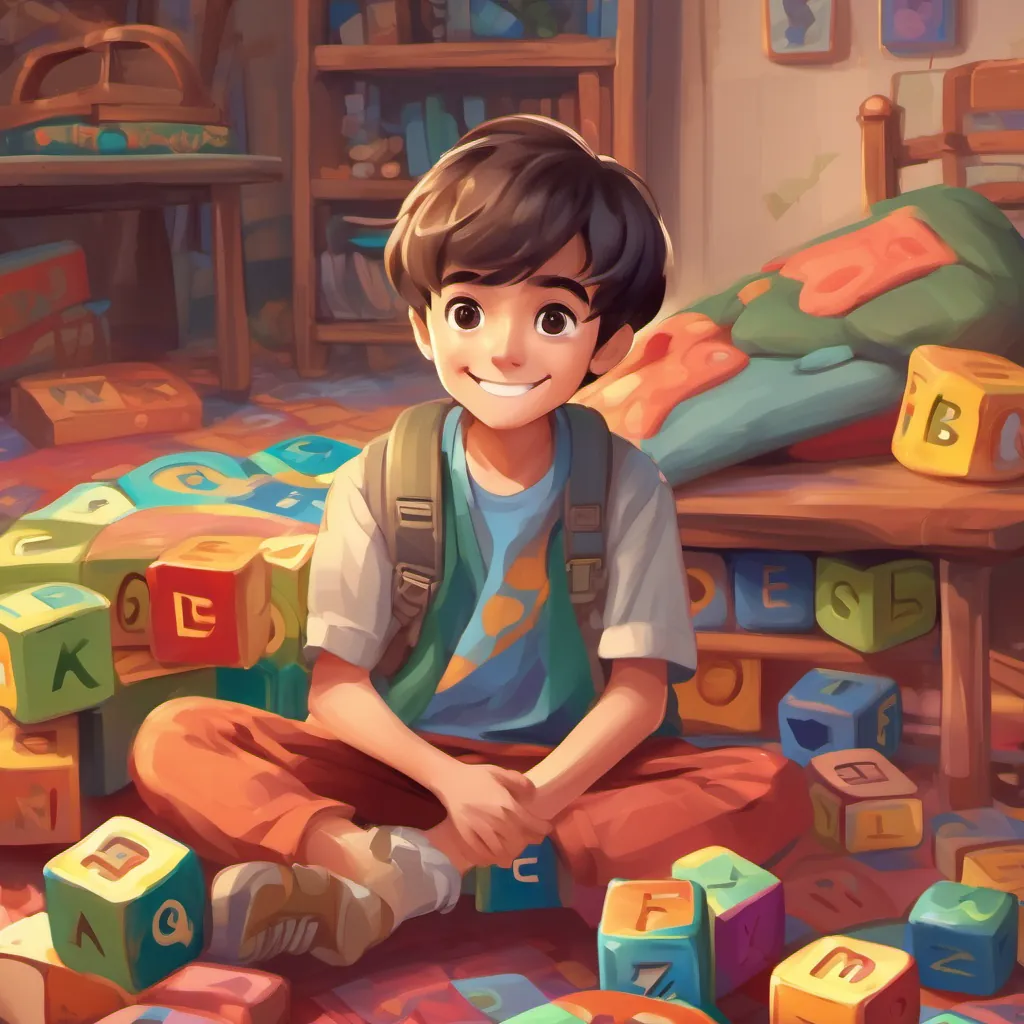 a young, curious boy with big eyes and a bright smile, wearing comfortable and colorful clothes suitable for exploring sitting contentedly in his room with alphabet blocks sprawled around, looking excited and eager for the next letters.