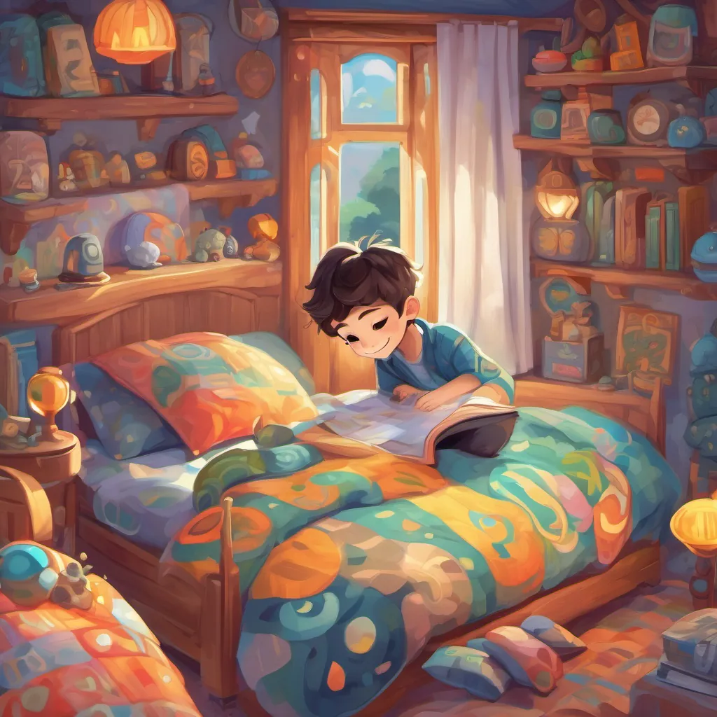 a young, curious boy with big eyes and a bright smile, wearing comfortable and colorful clothes suitable for exploring sleeping soundly in his bed, dreaming of alphabets and adventures, with floating letters and whimsical elements around.