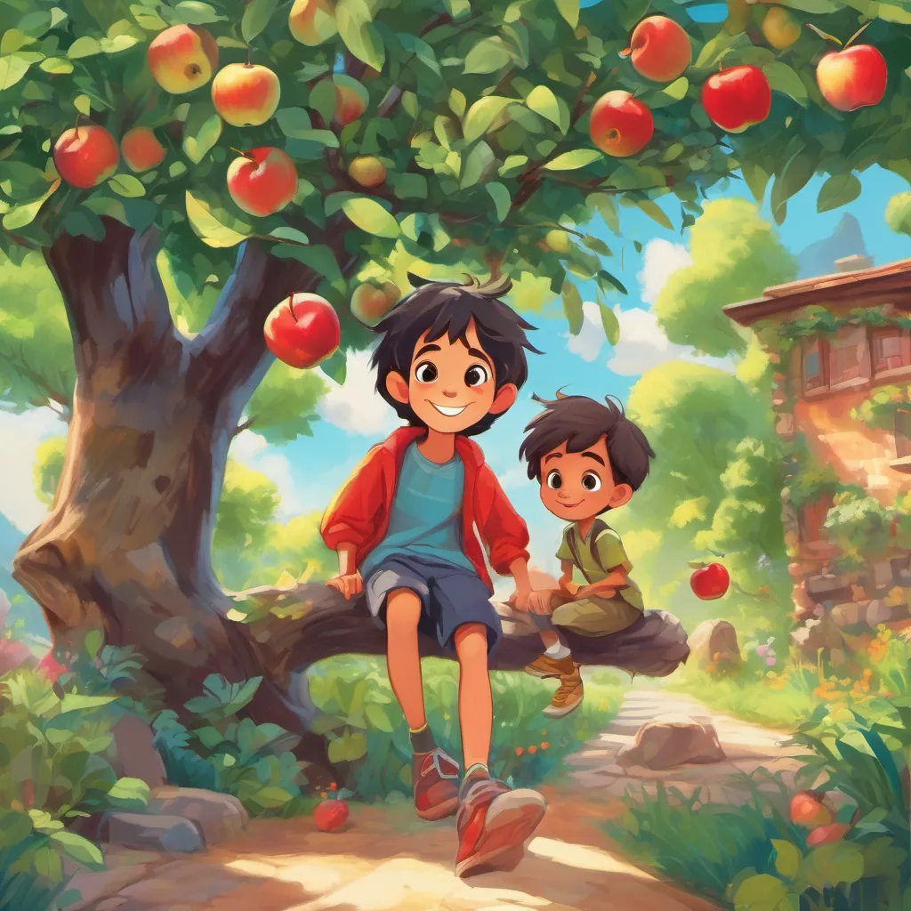 a young, curious boy with big eyes and a bright smile, wearing comfortable and colorful clothes suitable for exploring in his vibrant backyard filled with greenery and a tall apple tree. a young, curious boy with big eyes and a bright smile, wearing comfortable and colorful clothes suitable for exploring reaches up to pluck a shiny red apple, surrounded by playful animals.