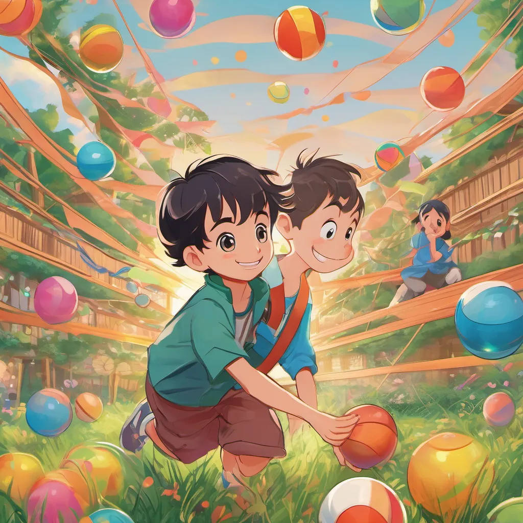a young, curious boy with big eyes and a bright smile, wearing comfortable and colorful clothes suitable for exploring playing with a colorful ball in the yard. The ball is in mid-air with lines indicating motion and a BOING! sound effect nearby.
