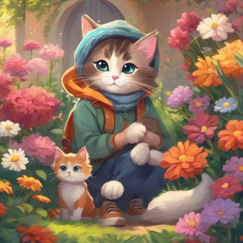 A cute, fluffy cat surrounded by flowers, purring happily while a young, curious boy with big eyes and a bright smile, wearing comfortable and colorful clothes suitable for exploring gently pats it.