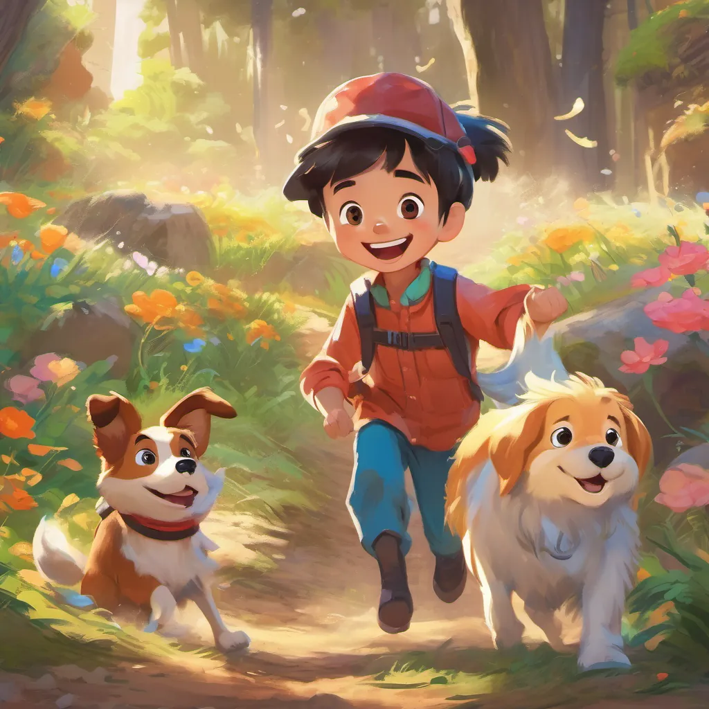 A lively dog mid-dig, with dirt flying behind it and a young, curious boy with big eyes and a bright smile, wearing comfortable and colorful clothes suitable for exploring nearby, laughing and clapping.