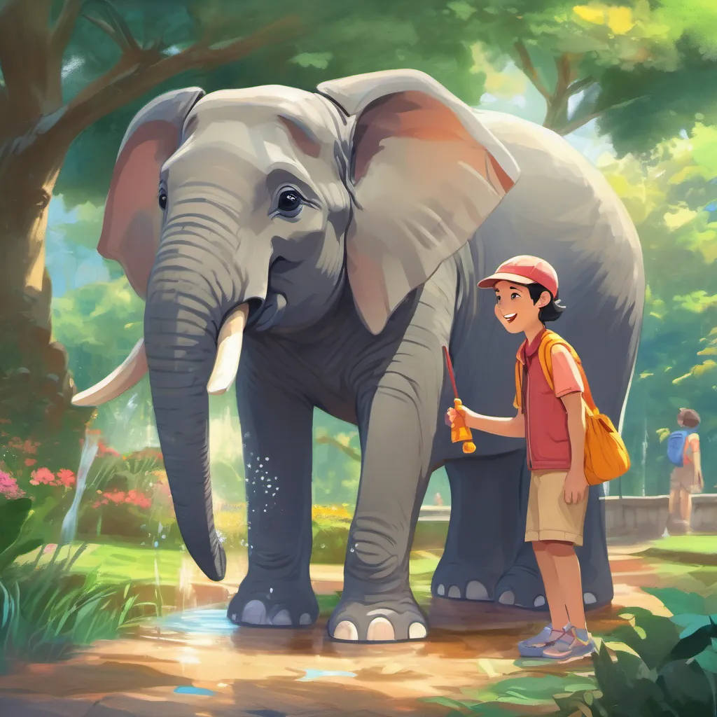A large, friendly elephant in a park setting, spraying water from its trunk with a young, curious boy with big eyes and a bright smile, wearing comfortable and colorful clothes suitable for exploring looking on in wonder.