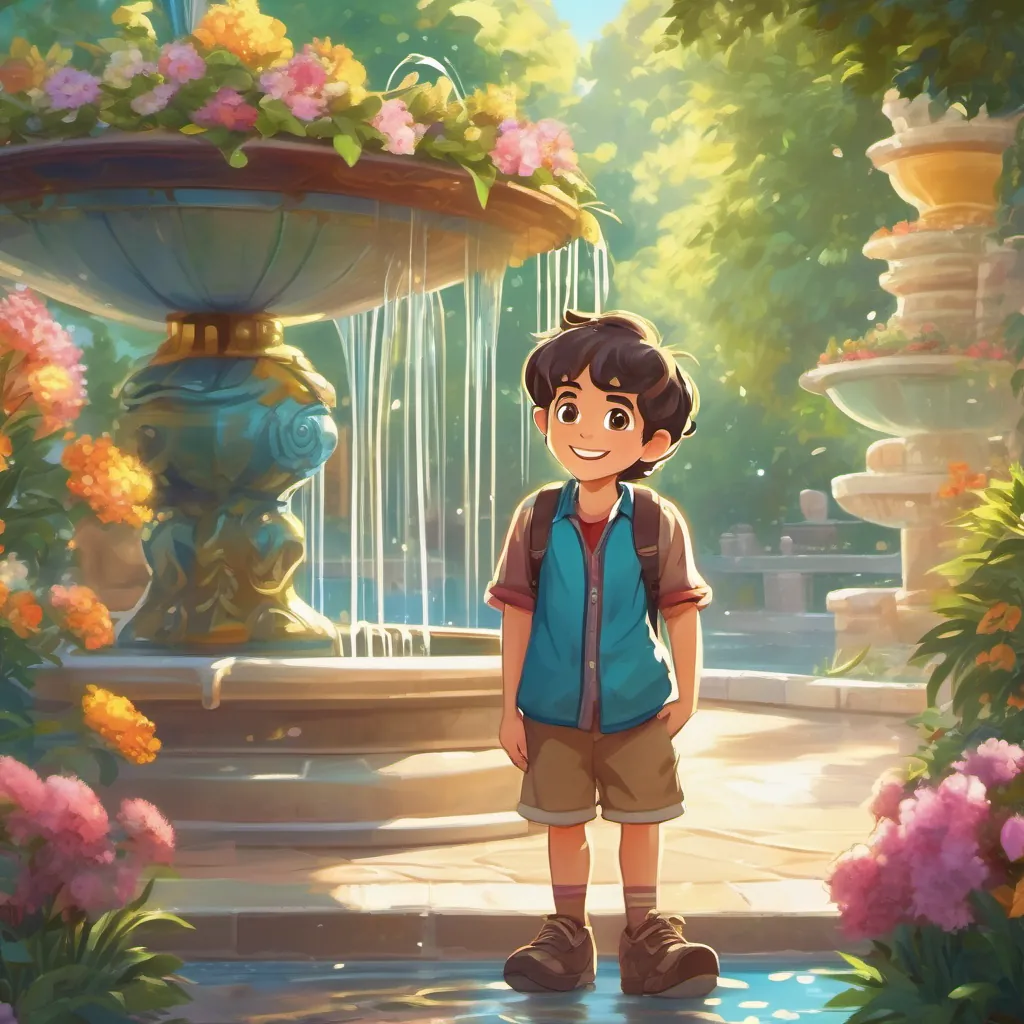 A beautiful fountain with water sparkling in the sunshine as a young, curious boy with big eyes and a bright smile, wearing comfortable and colorful clothes suitable for exploring enjoys the sight.