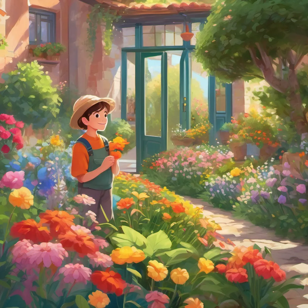 A vibrant garden in full bloom with flowers of various colors and a young, curious boy with big eyes and a bright smile, wearing comfortable and colorful clothes suitable for exploring smelling a bunch of flowers.