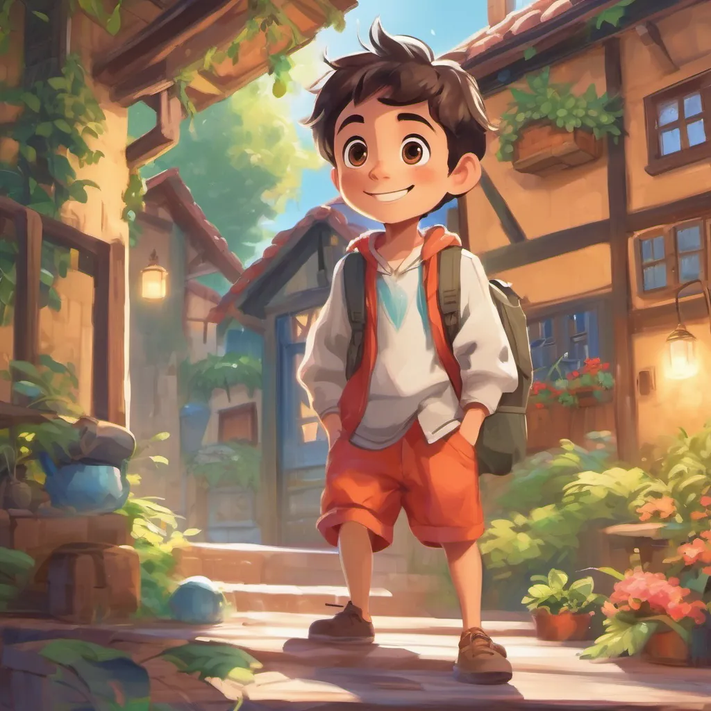 a young, curious boy with big eyes and a bright smile, wearing comfortable and colorful clothes suitable for exploring happily returning to his cozy home with a warm, inviting atmosphere.